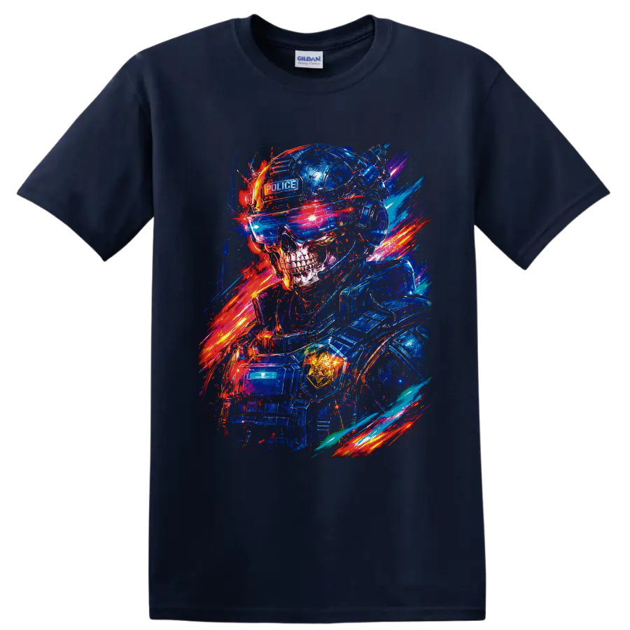 Neon cyberpunk police skull in tactical helmet and visor with electric light trails on a Navy (Blue) T Shirt
