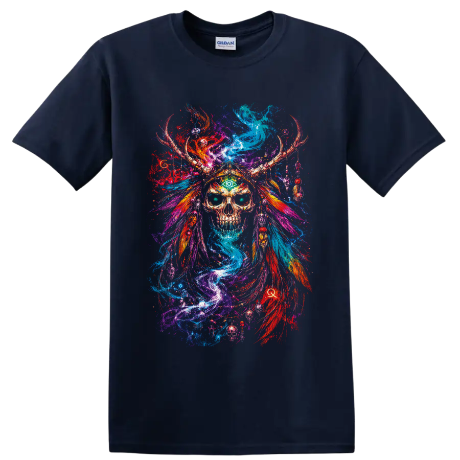 Psychedelic skull with green third eye, antler headdress, feathers, and swirling color on a Navy (Blue) T Shirt