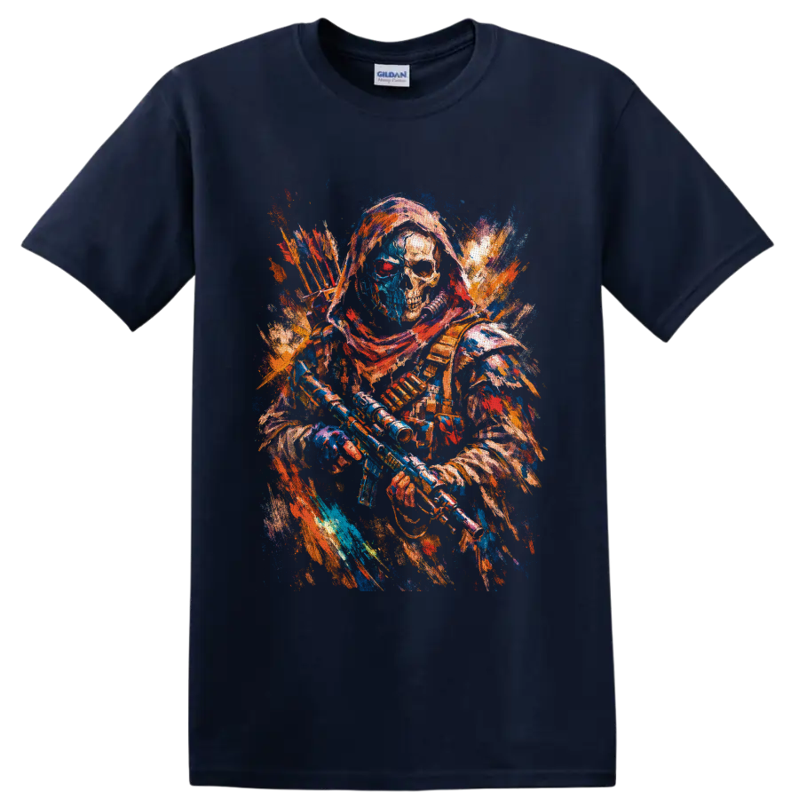 Colorful paint-splatter skeleton archer with bow, arrows, and gothic fantasy details on a Navy (Blue) T Shirt