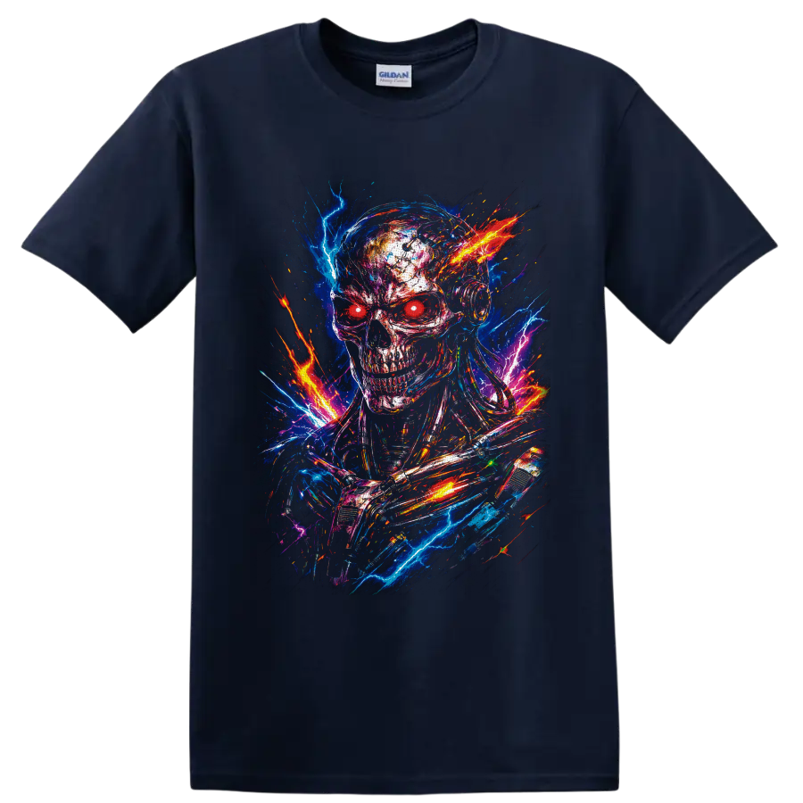 Cyberpunk robot skull with red eyes, neon lightning, fiery sparks, and glitch art on a Navy (Blue) T Shirt