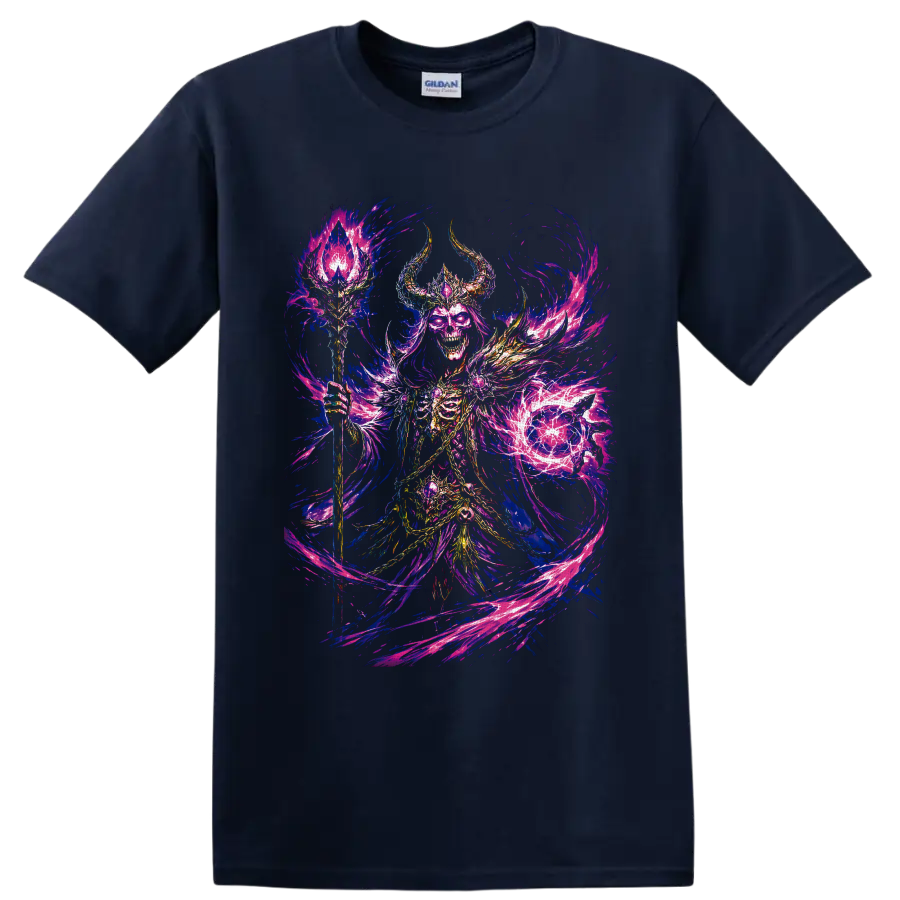 Skeletal necromancer with horned armor, crystal staff, and swirling purple flames on a Navy (Blue) T Shirt