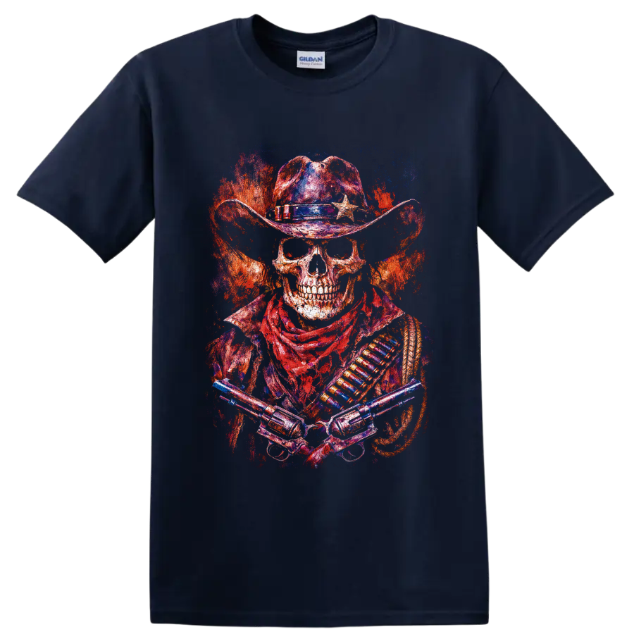 Distressed skeleton cowboy gunslinger with star hat, crossed revolvers, and fiery on a Navy (Blue) T Shirt