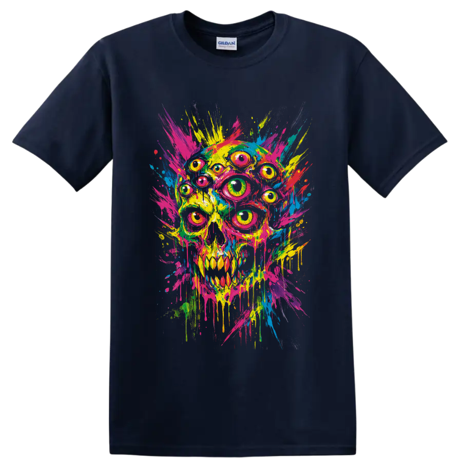 Psychedelic multi-eyed skull in neon paint splash and dripping street art style on a Navy (Blue) T Shirt