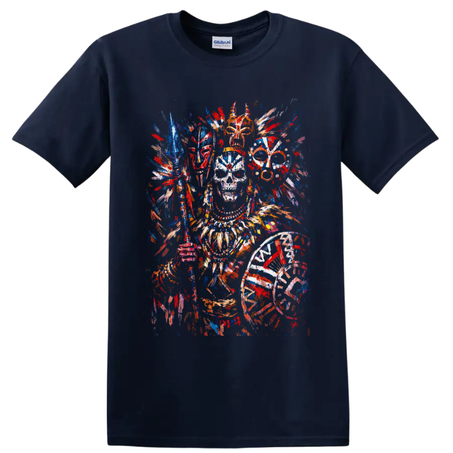 Colorful skull with ornate feathered headpiece, masks, spear, and shield in paint on a Navy (Blue) T Shirt