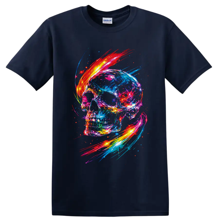 Neon abstract skull with colorful paint splashes, glowing streaks, and scattered sparks on a Navy (Blue) T Shirt