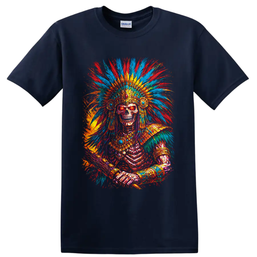 Colorful gothic skeleton with ornate feather headdress and jeweled paint-splash art on a Navy (Blue) T Shirt