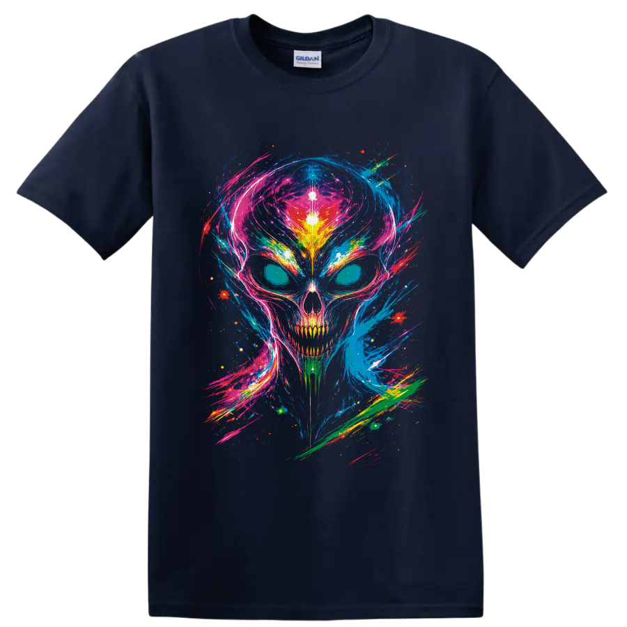 Psychedelic neon skull with cosmic paint splashes and glowing abstract bursts on a Navy (Blue) T Shirt