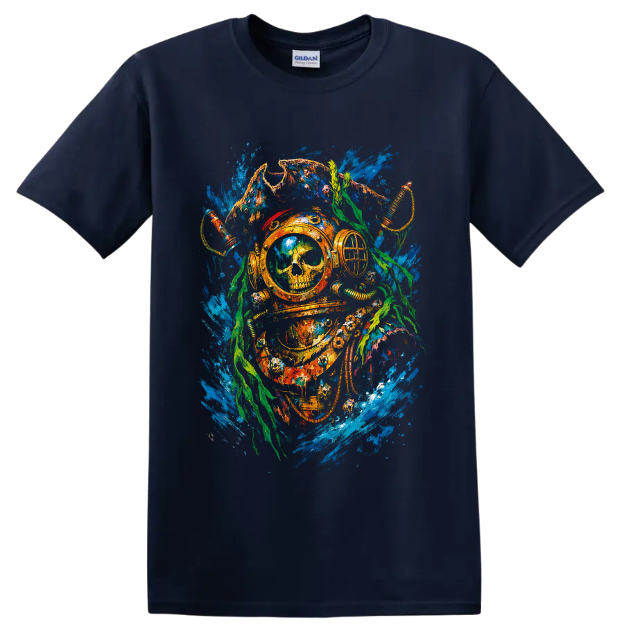 Vintage deep-sea diver helmet with skull, octopus tentacles, seaweed, and blue water on a Navy (Blue) T Shirt