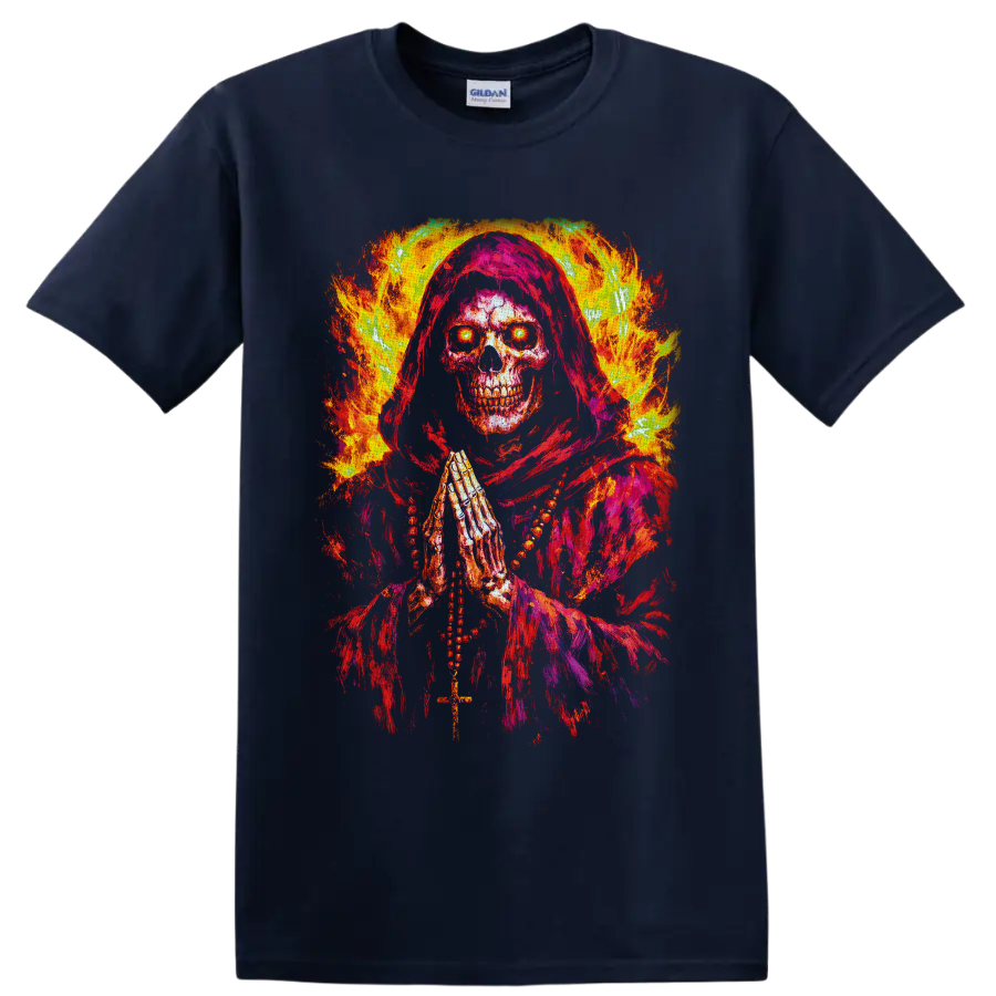 Fiery hooded grim reaper skull with praying hands, cross, and glowing eyes on a Navy (Blue) T Shirt