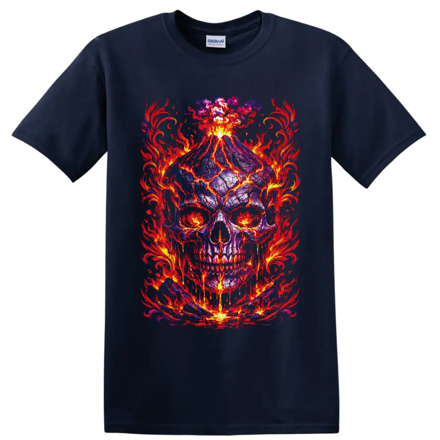 Volcanic purple skull with molten lava cracks, erupting fire, and red flame artwork on a Navy (Blue) T Shirt