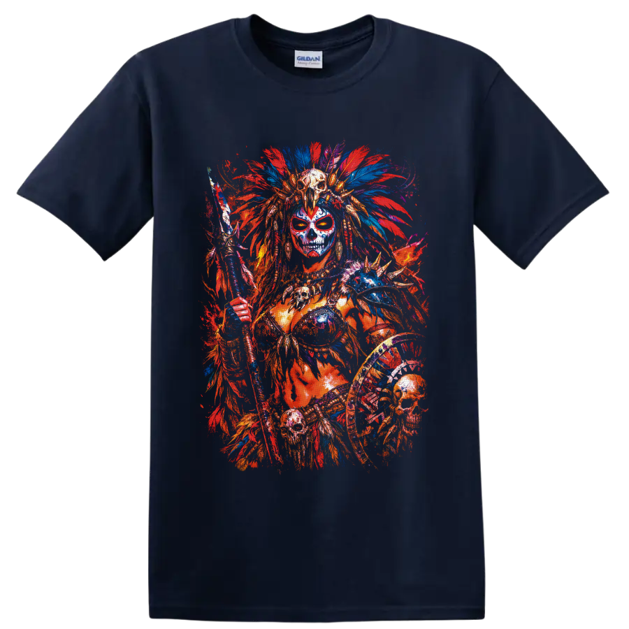 Skull-faced fantasy warrior with feather headdress, staff, shield, and vivid paint on a Navy (Blue) T Shirt