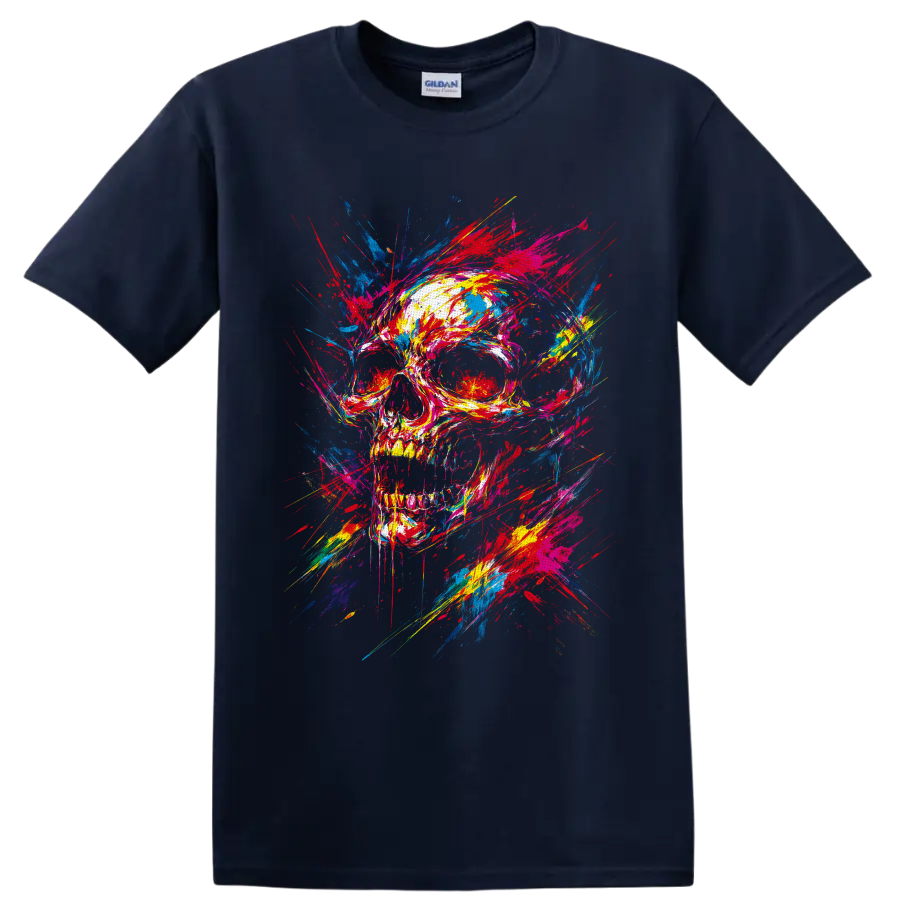 Colorful skull with explosive paint splatters and graffiti-style brushstrokes on a Navy (Blue) T Shirt