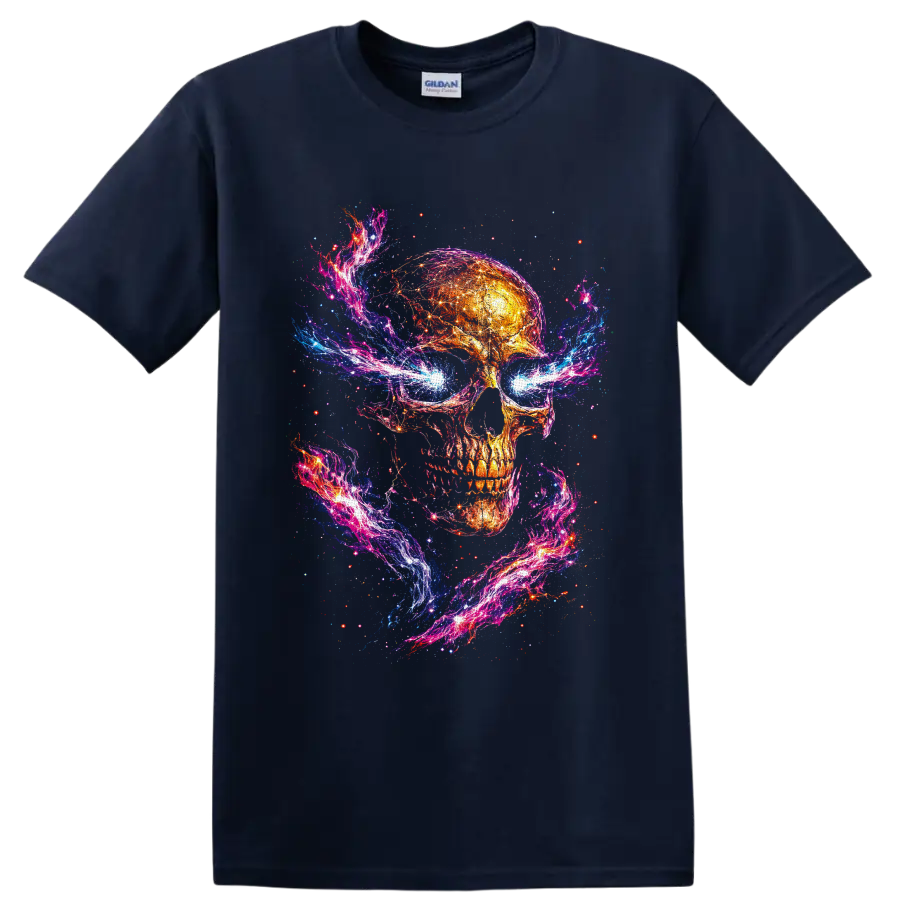 Fiery cosmic skull with neon galaxy swirls, electric blue eyes, and starlight on a Navy (Blue) T Shirt