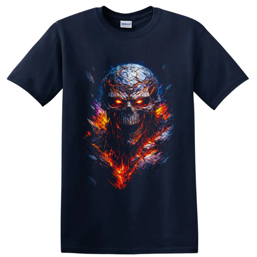 Molten lava skull illustration with glowing eyes and blue flame-like splashes on a Navy (Blue) T Shirt