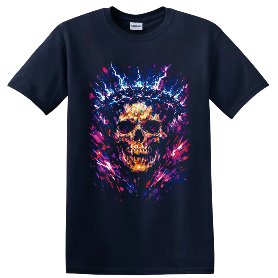 Fiery skull with electric lightning in neon blue, pink, and abstract brushstroke art on a Navy (Blue) T Shirt