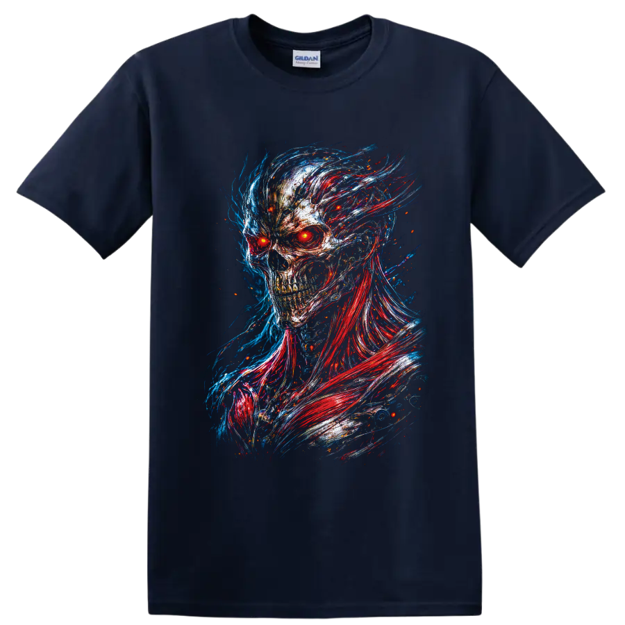 Cyberpunk skull with glowing red eyes and red blue neon glitch-art energy trails on a Navy (Blue) T Shirt