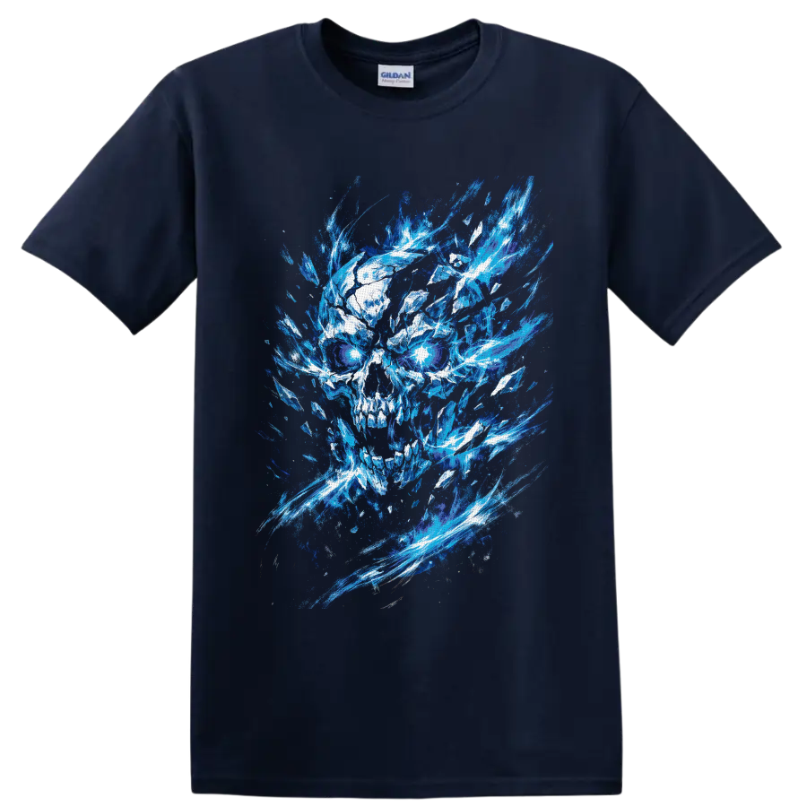 Blue ice skull illustration with glowing eyes and exploding crystal shards on a Navy (Blue) T Shirt