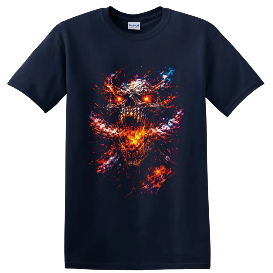 Glowing-eyed flaming skull in fiery gothic horror paint-splatter art on a Navy (Blue) T Shirt