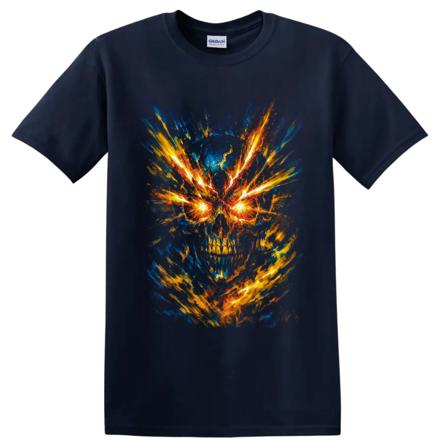 Abstract fiery skull with glowing electric eyes and explosive blue and gold brushstrokes on a Navy (Blue) T Shirt