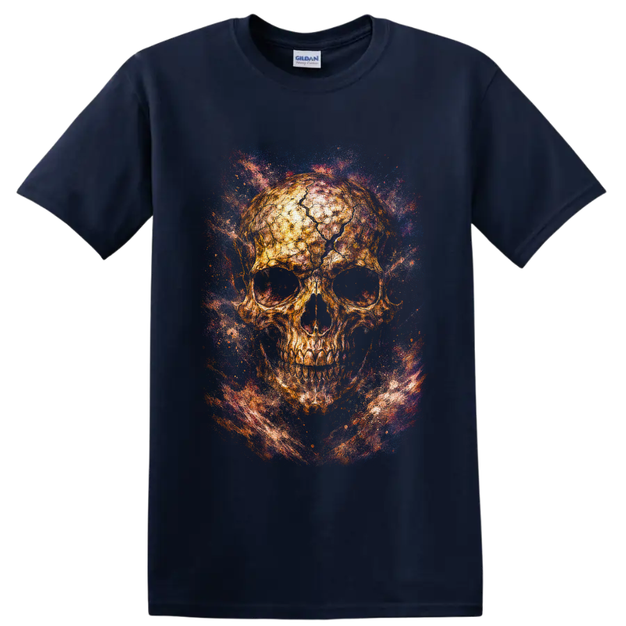 Golden skull with swirling blue, purple, and red galaxy-style splatter art on a Navy (Blue) T Shirt