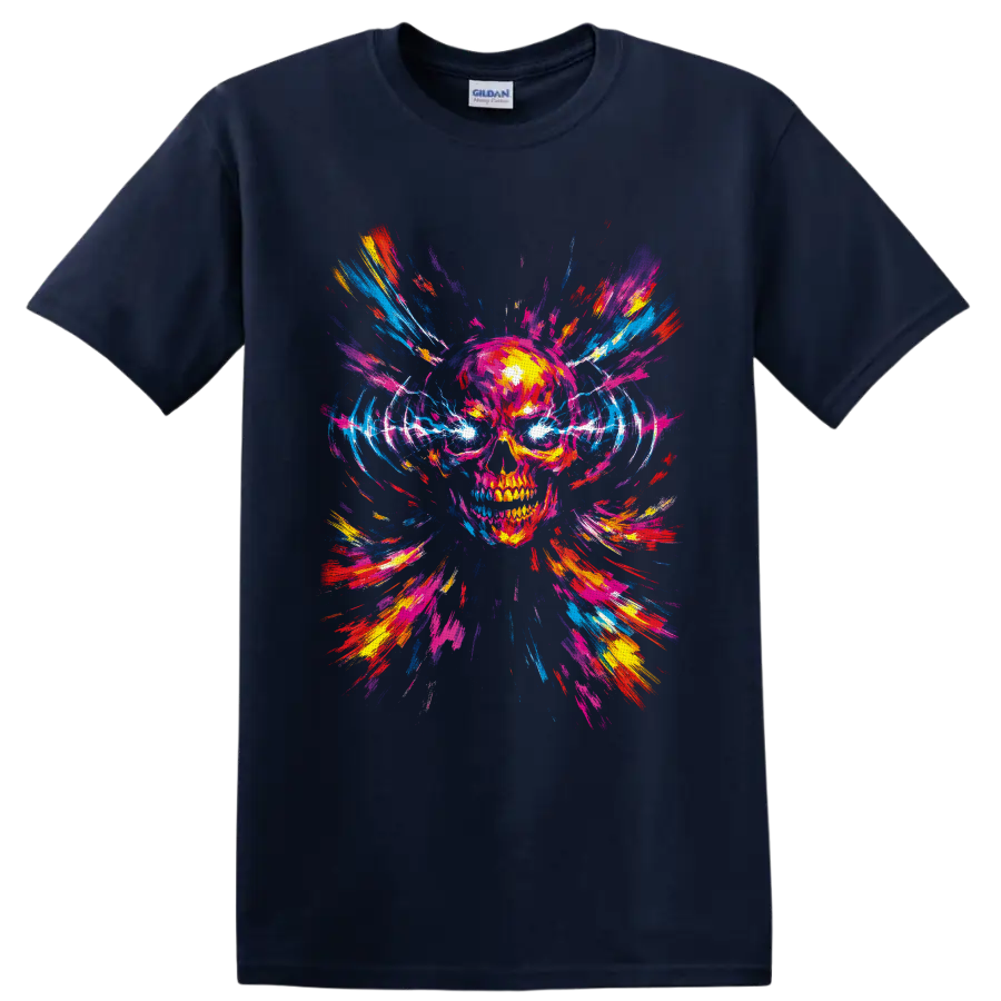 Neon paint splash skull with electric eyes and radiating abstract brush strokes on a Navy (Blue) T Shirt
