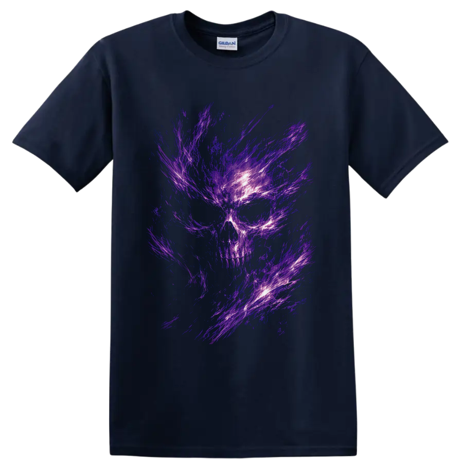 Abstract purple energy skull with glowing violet streaks in gothic horror style on a Navy (Blue) T Shirt