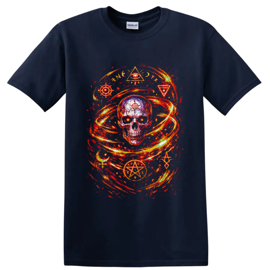 Distressed occult skull with pentagram, crescent moons, symbols, and fiery swirling on a Navy (Blue) T Shirt