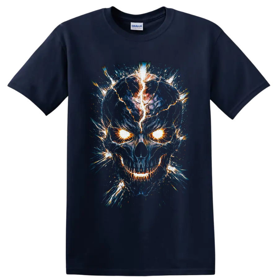Electric blue skull graphic with blazing eyes, cracked lightning, and fiery sparks on a Navy (Blue) T Shirt