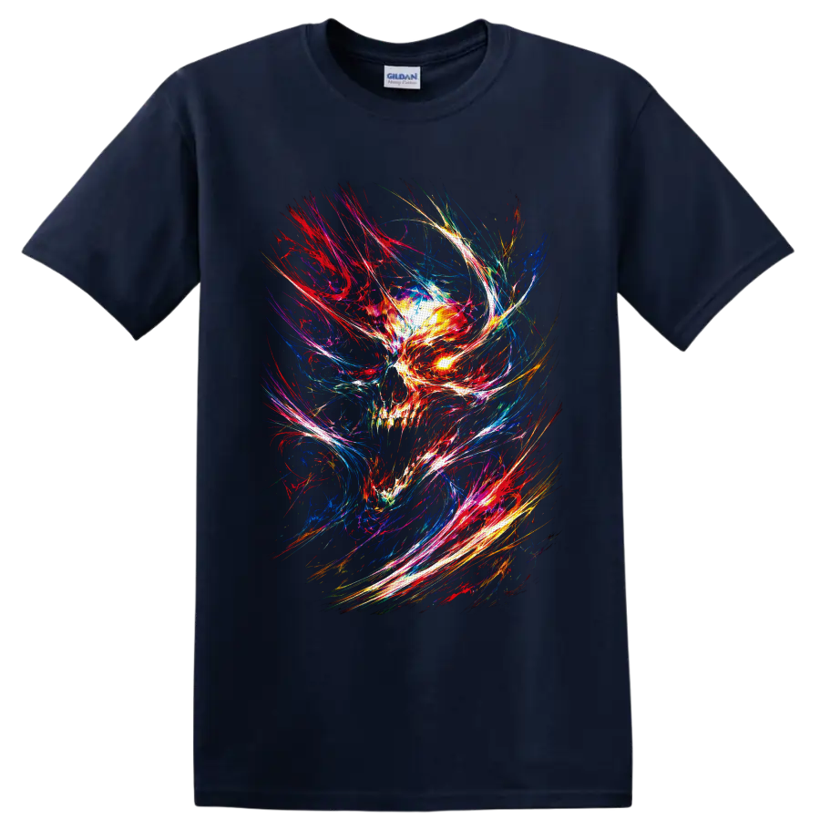Abstract neon skull with glowing eye and psychedelic multicolor light trails on a Navy (Blue) T Shirt