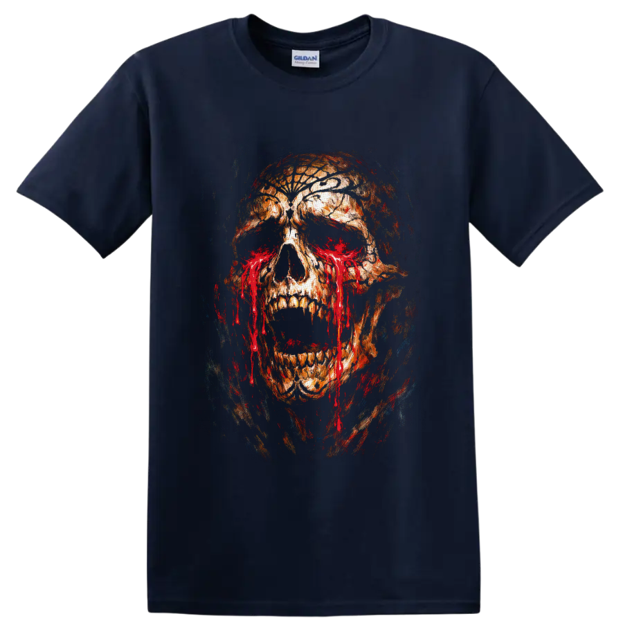 Distressed bleeding skull illustration with cracked textures, hollow eyes, and red drips on a Navy (Blue) T Shirt