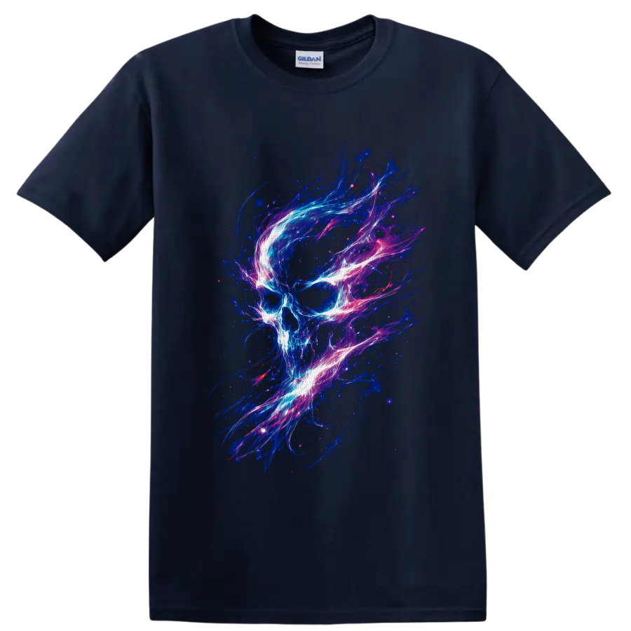 Neon cosmic skull illustration with swirling blue, pink, purple, and white energy on a Navy (Blue) T Shirt