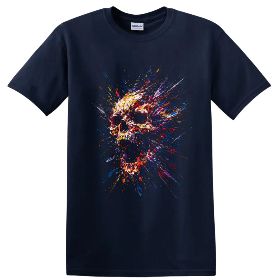 Abstract skull illustration with explosive colorful paint strokes and splatters on a Navy (Blue) T Shirt