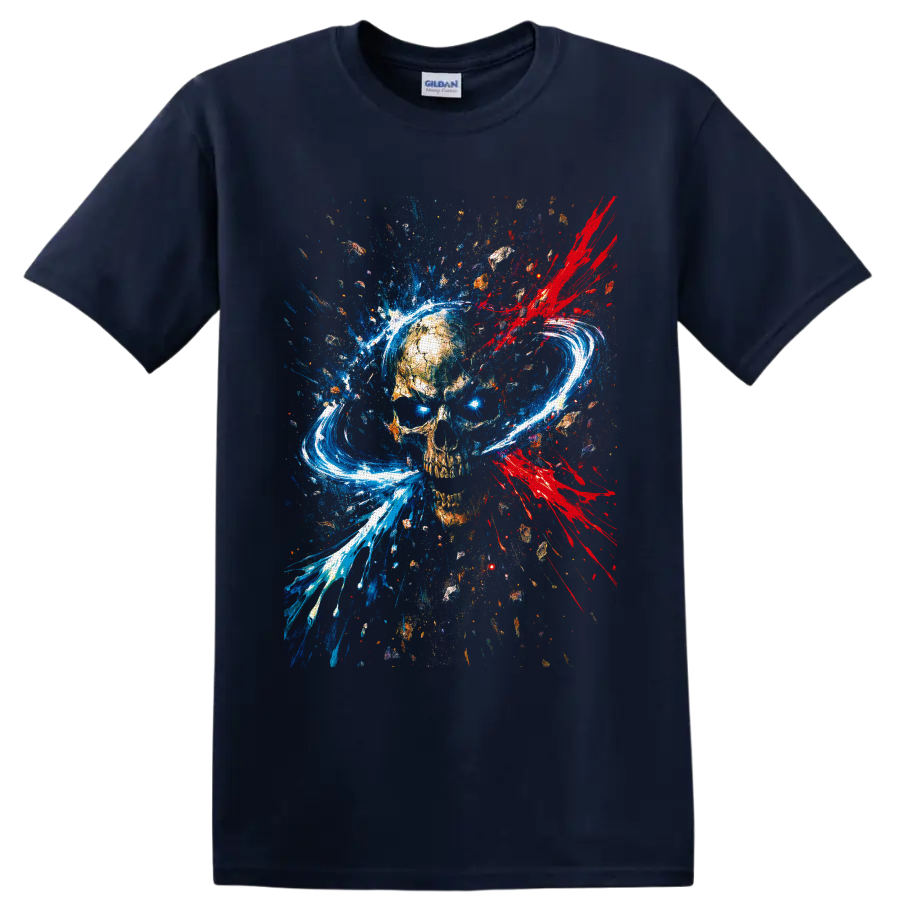 Abstract weathered skull with blue paint splashes, red splatters, and white brushstroke on a Navy (Blue) T Shirt