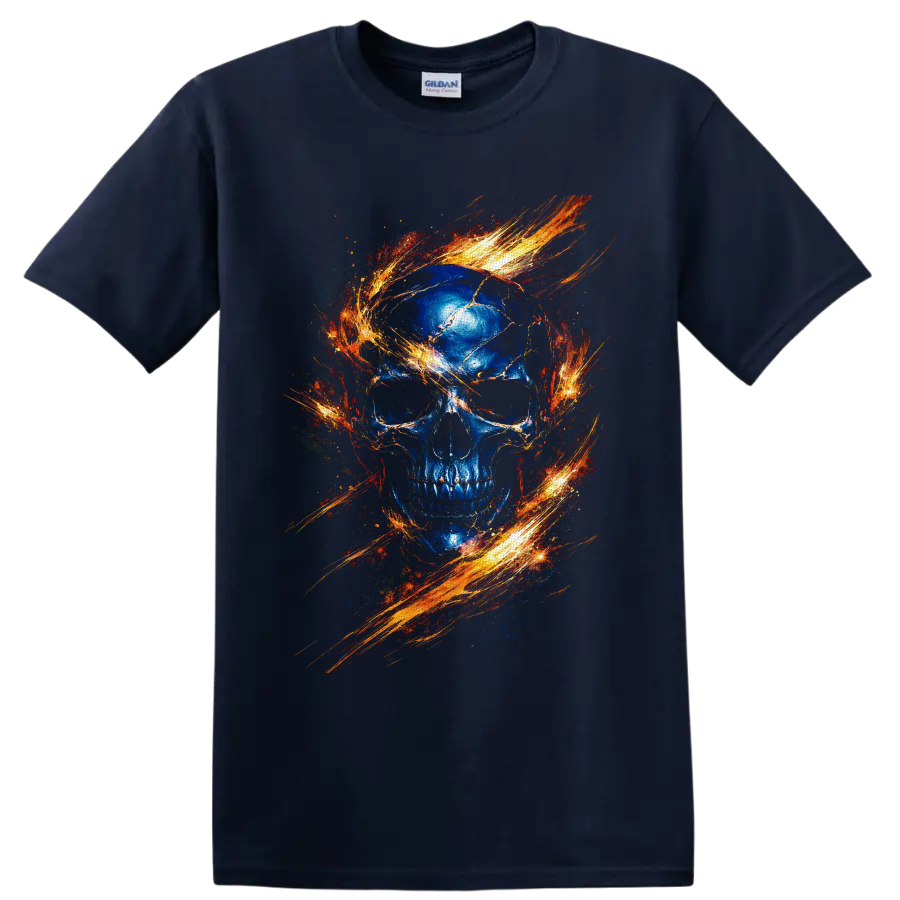Blue cracked skull with swirling fiery orange gothic flame artwork on a Navy (Blue) T Shirt