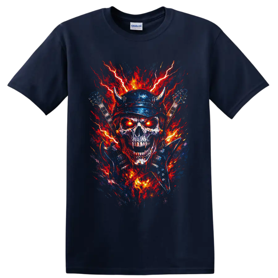 Horned skull with electric guitars, lightning, and fiery heavy metal splatter art on a Navy (Blue) T Shirt
