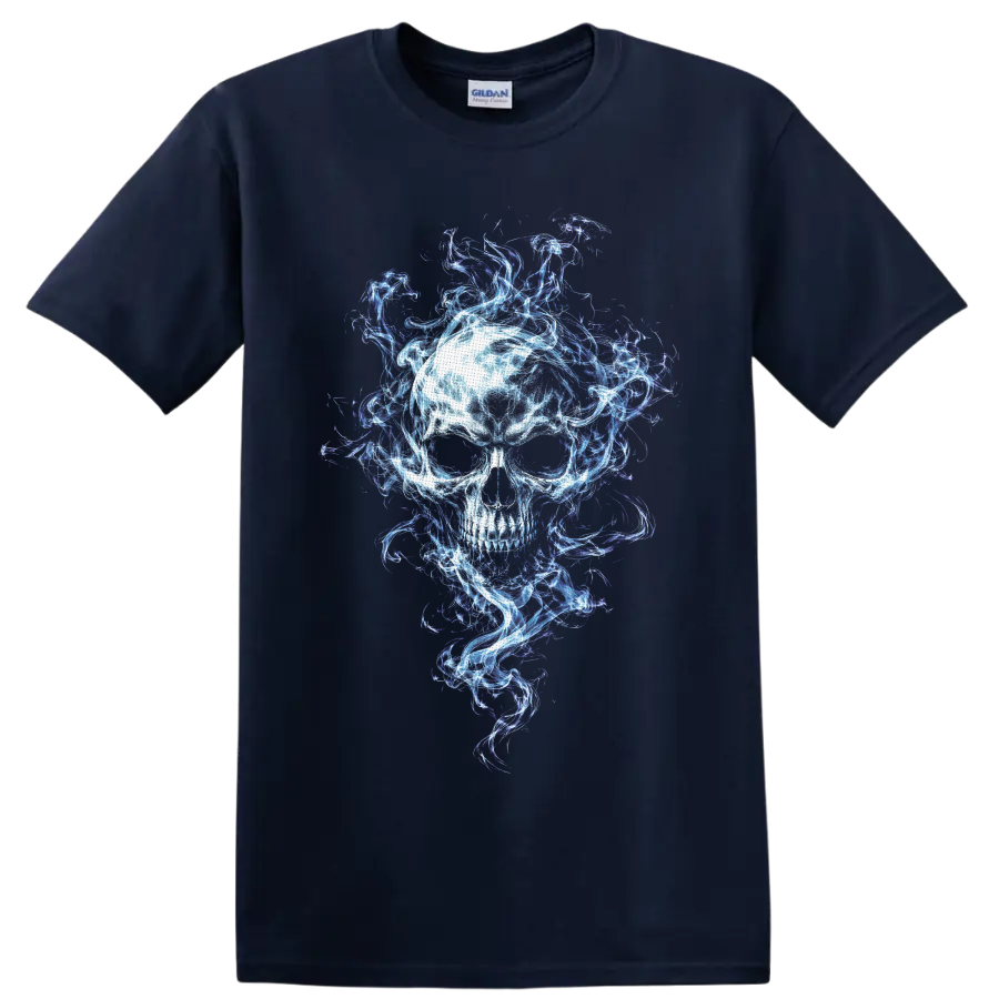 Luminous skull surrounded by swirling blue, white, and violet spectral flames on a Navy (Blue) T Shirt