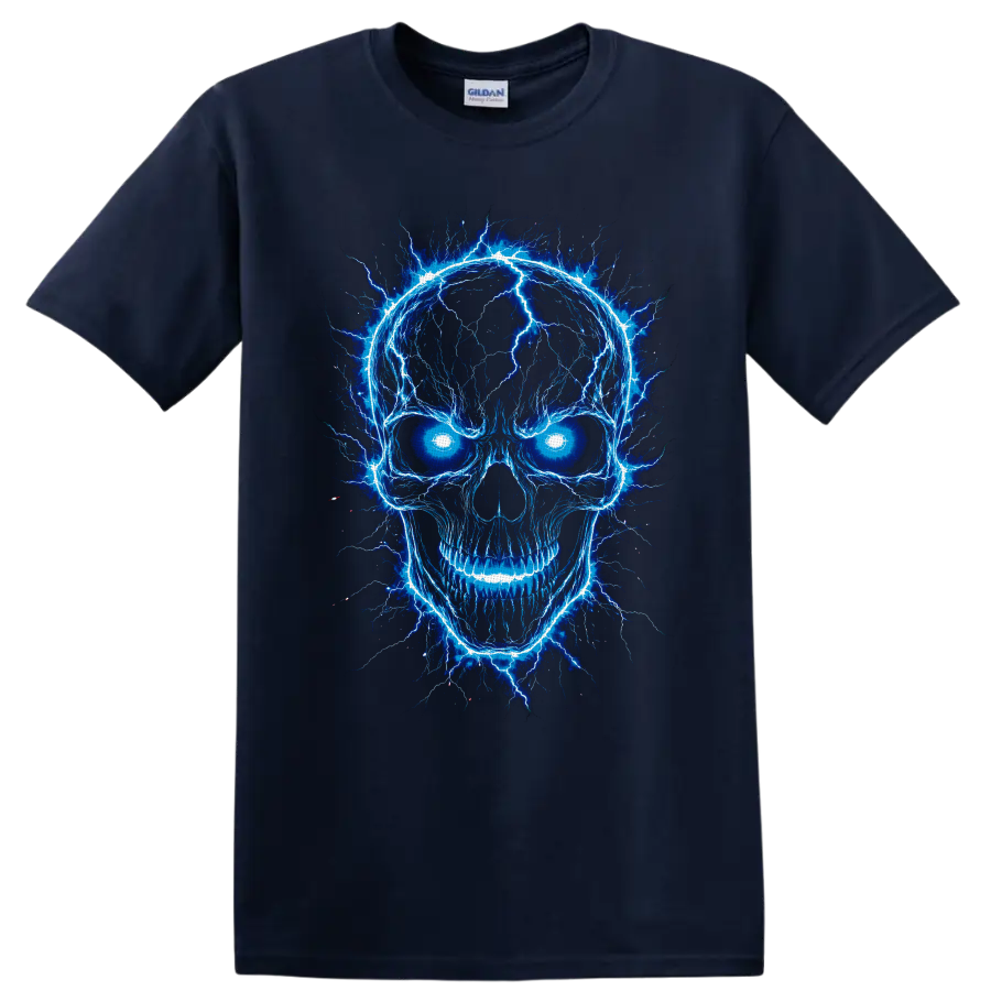 Electric blue lightning skull graphic with glowing eyes and gothic horror linework on a Navy (Blue) T Shirt