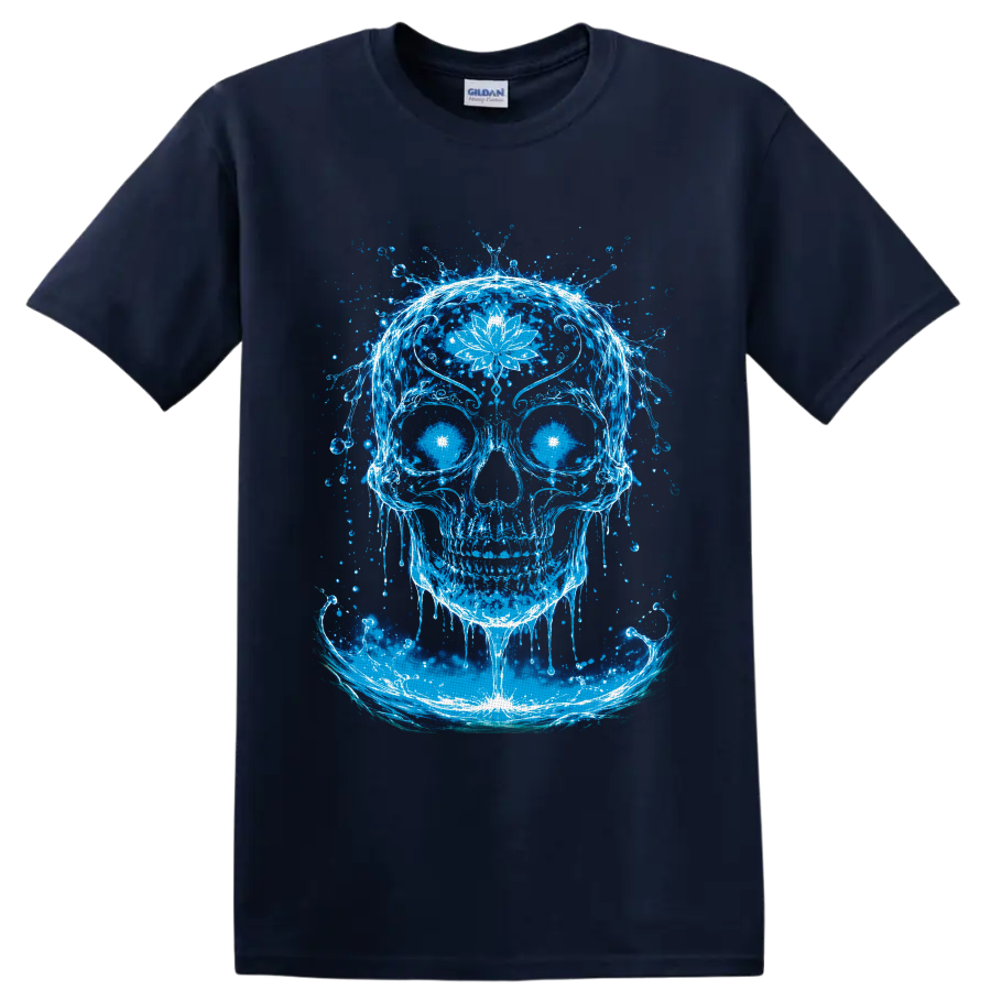 Glowing blue water skull with white lotus flower, radiant eyes, and splash art waves on a Navy (Blue) T Shirt