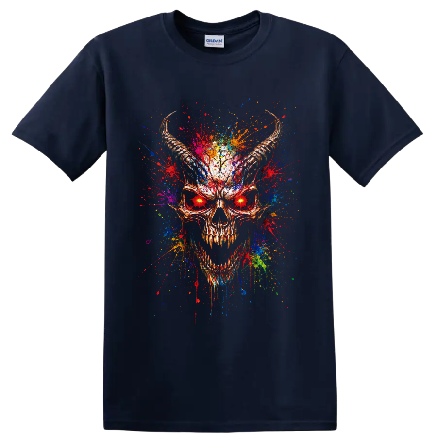 Horned skull with glowing red eyes and vivid multicolor paint splatter artwork on a Navy (Blue) T Shirt