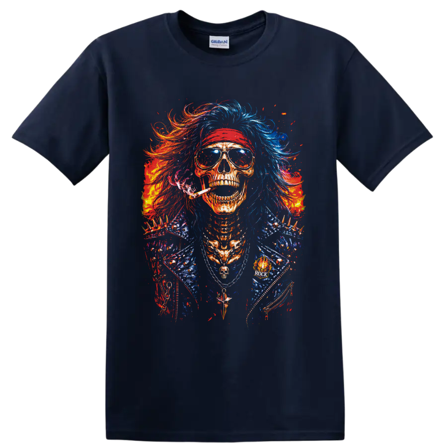 Colorful punk rock skull in sunglasses, red headband, wild hair, and spiked jacket on a Navy (Blue) T Shirt