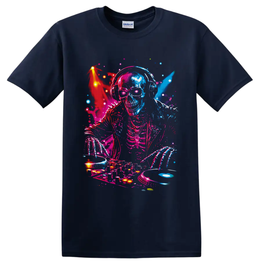 Neon skeleton DJ in headphones mixing turntables and vinyl in a vivid rave art style on a Navy (Blue) T Shirt