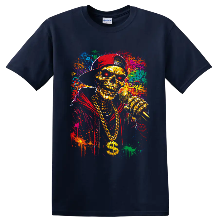 Gold skeleton rapper with microphone, chain, red cap, and colorful graffiti splatter art on a Navy (Blue) T Shirt