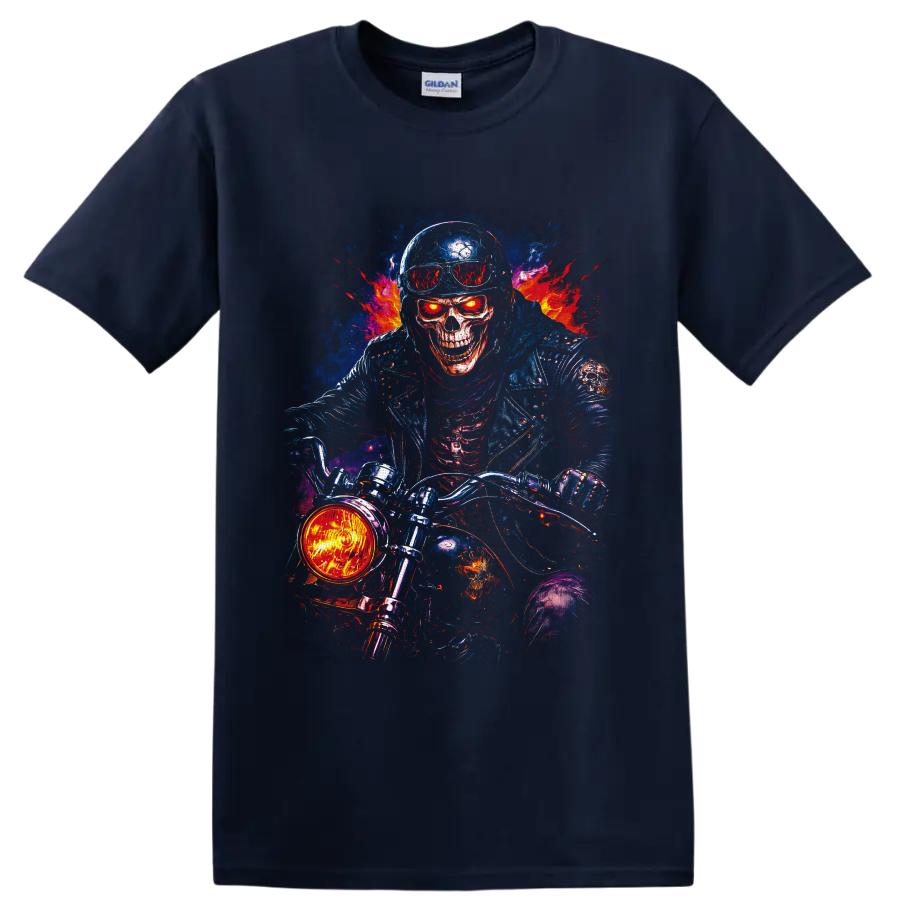 Fiery skull biker on a motorcycle with flames in vivid gothic horror art on a Navy (Blue) T Shirt