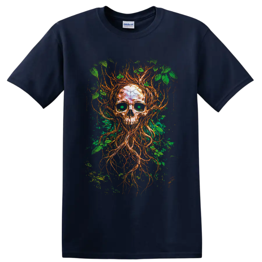 Gothic tree skull illustration with twisting roots, branches, and green leaves on a Navy (Blue) T Shirt