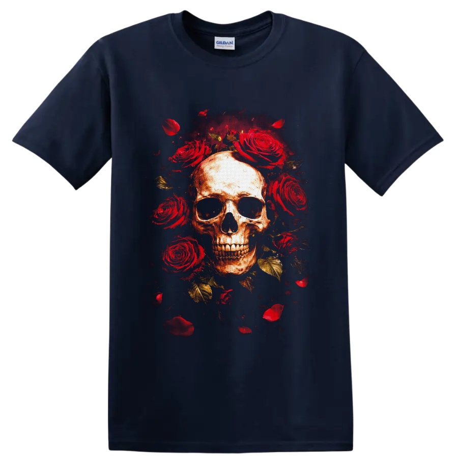 Weathered skull surrounded by red roses, petals, and gold leaves in gothic horror art on a Navy (Blue) T Shirt