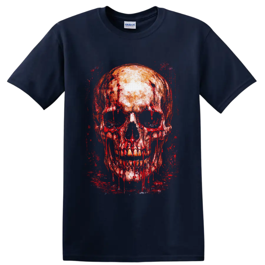Bloody dripping skull in distressed red gothic grunge paint on a Navy (Blue) T Shirt