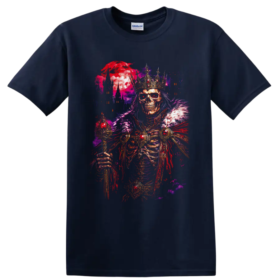 Crowned skeleton king with jeweled armor, crimson moon, and gothic castle spires on a Navy (Blue) T Shirt