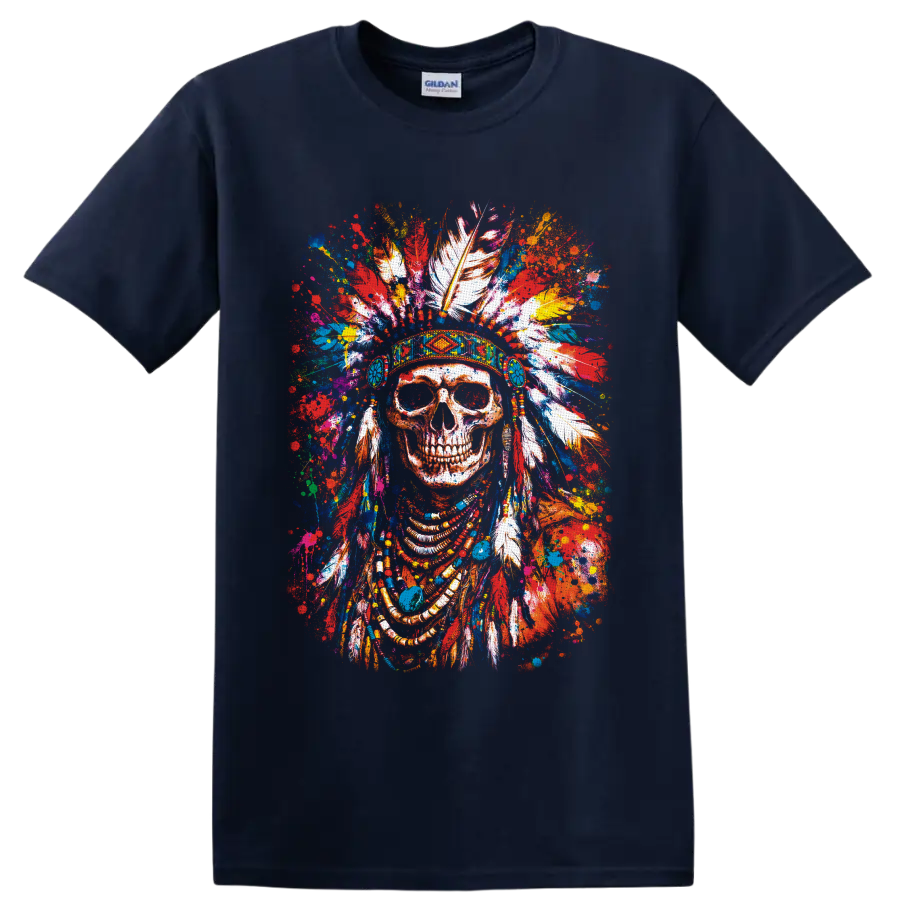 Color-splash skull portrait with patterned feather headdress, beads, and paint splatters on a Navy (Blue) T Shirt