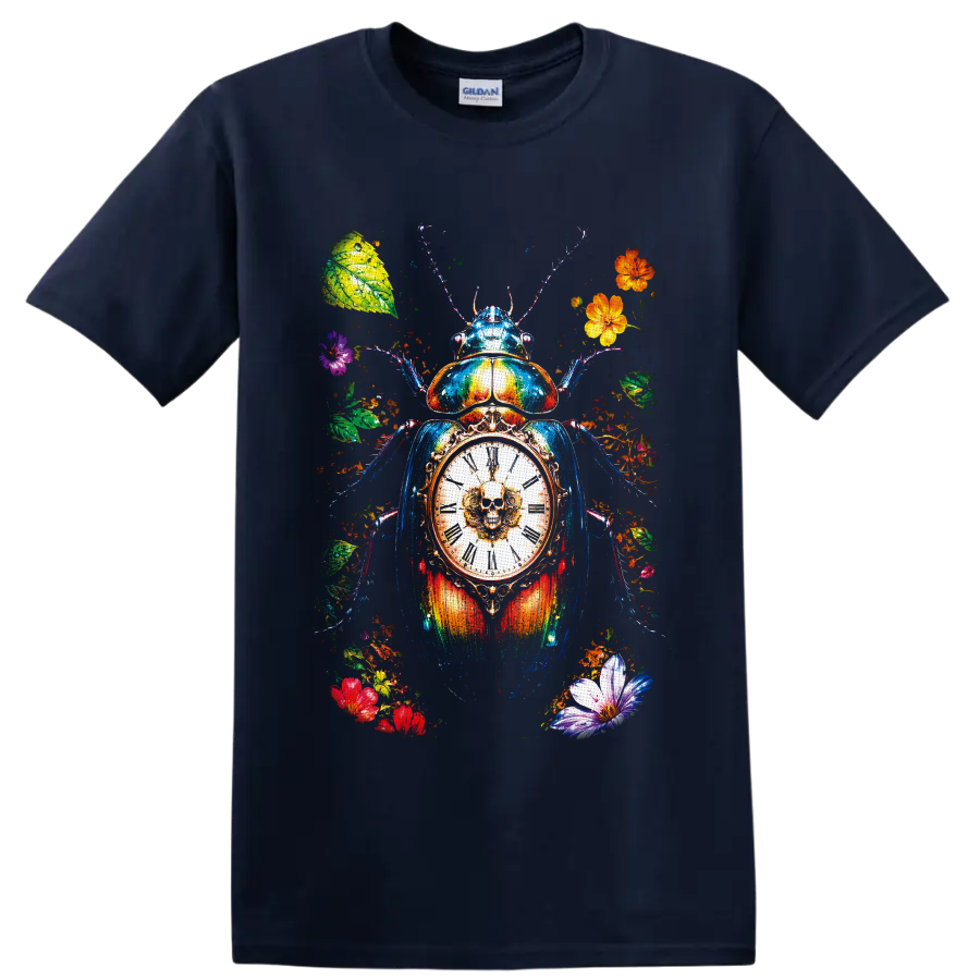Colorful scarab beetle with skull clock, Roman numerals, flowers, and leaves on a Navy (Blue) T Shirt