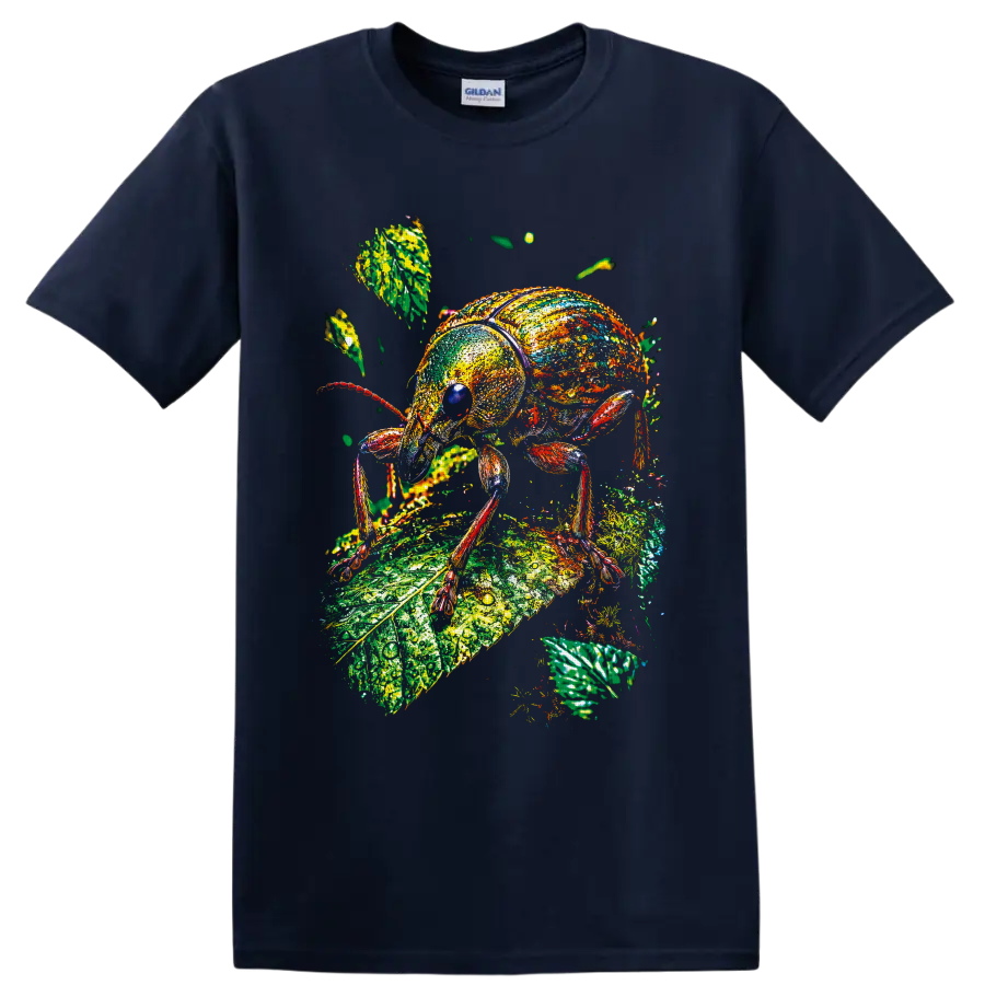 Colorful painterly weevil beetle standing on a textured green botanical leaf on a Navy (Blue) T Shirt